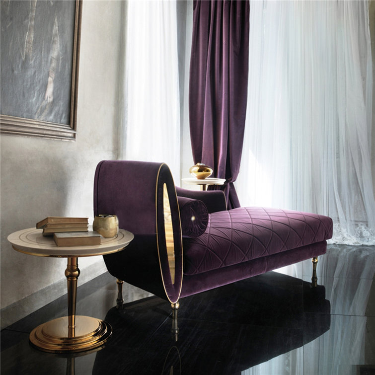 Luxurious Purple Velvet Chaise Lounge with Gold Metal Legs