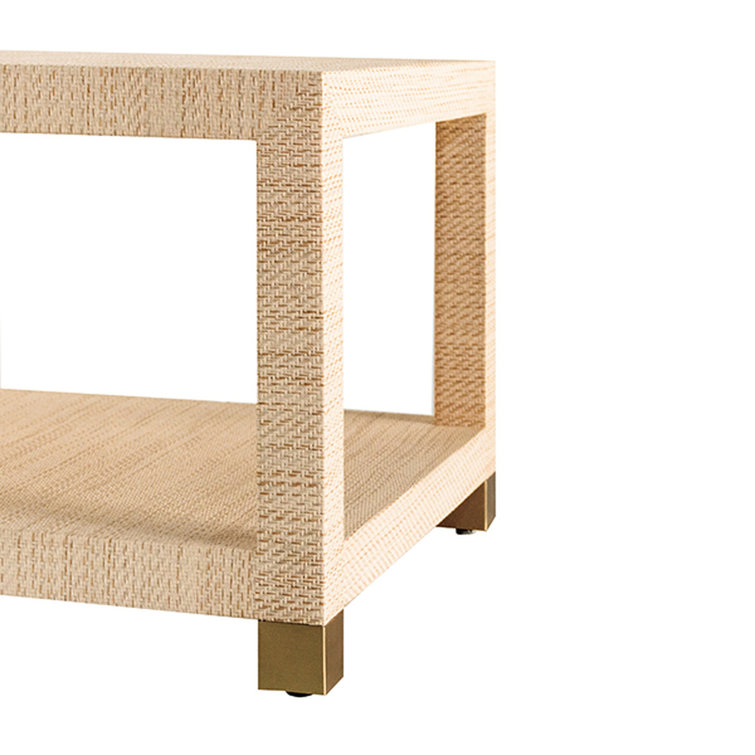 Modern Beige Grasscloth & Brass Foot Caps Rectangular Coffee Table