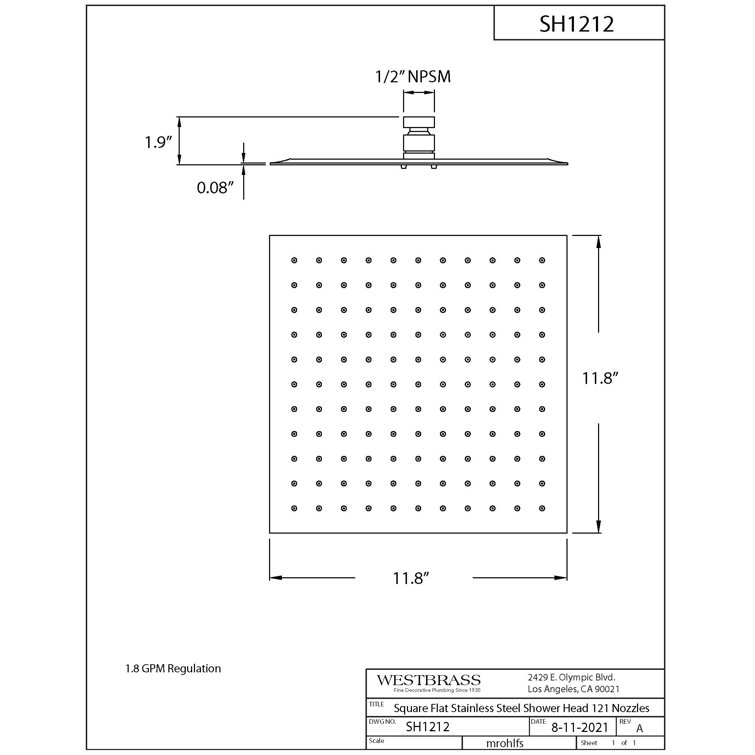 12" Square Chrome Rain Shower Head with Wall Mount