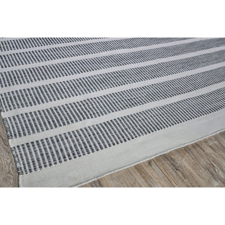 Ivory and Black Striped Synthetic Flatweave Rug 8' x 10'