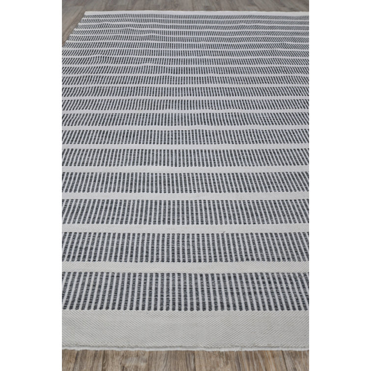 Ivory and Black Striped Synthetic Flatweave Rug 8' x 10'