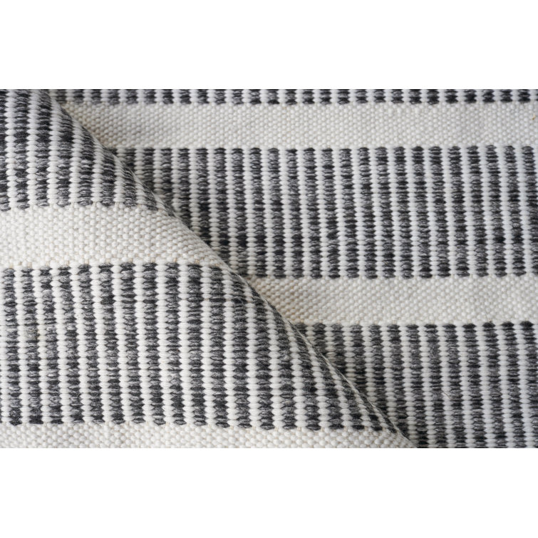 Ivory and Black Striped Synthetic Flatweave Rug 8' x 10'