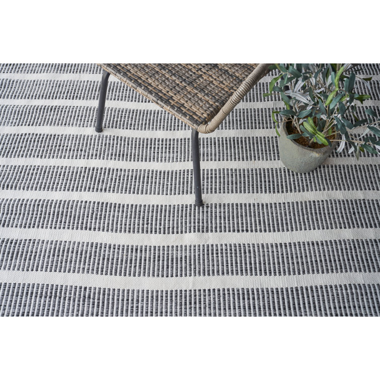 Ivory and Black Striped Synthetic Flatweave Rug 8' x 10'