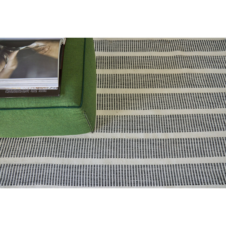 Ivory and Black Striped Synthetic Flatweave Rug 8' x 10'