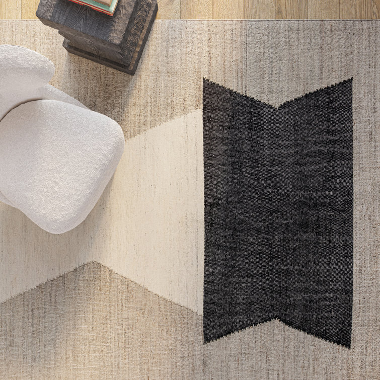 Modern Geometric Flat Woven Wool Rug in Neutral Tones, 9' x 12'