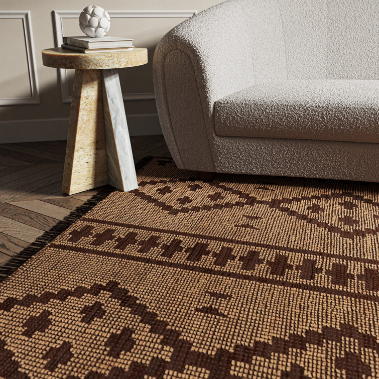 Handwoven Jute and Leather Patterned Rug with Fringe, 9' x 12'