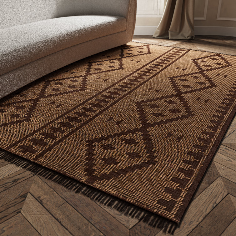 Handwoven Jute and Leather Patterned Rug with Fringe, 9' x 12'