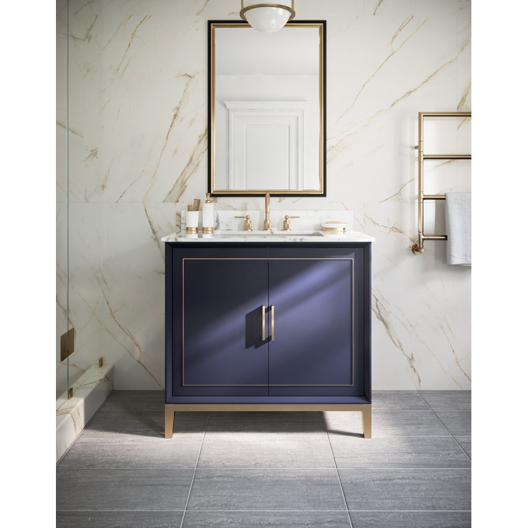 Gracie Pacific Blue 36" Single Freestanding Bathroom Vanity with Carrara Marble Top