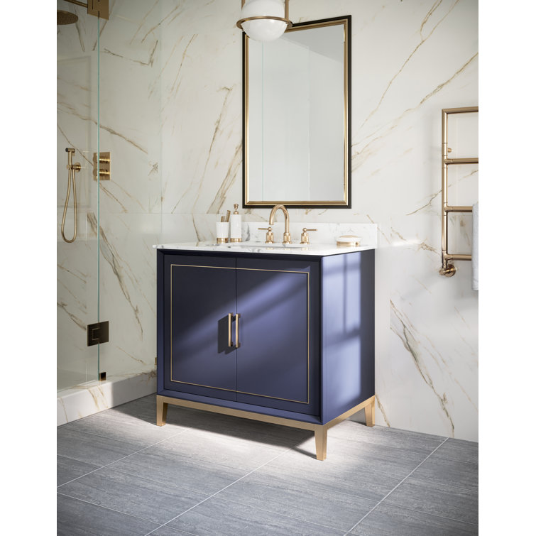 Gracie Pacific Blue 36" Single Freestanding Bathroom Vanity with Carrara Marble Top