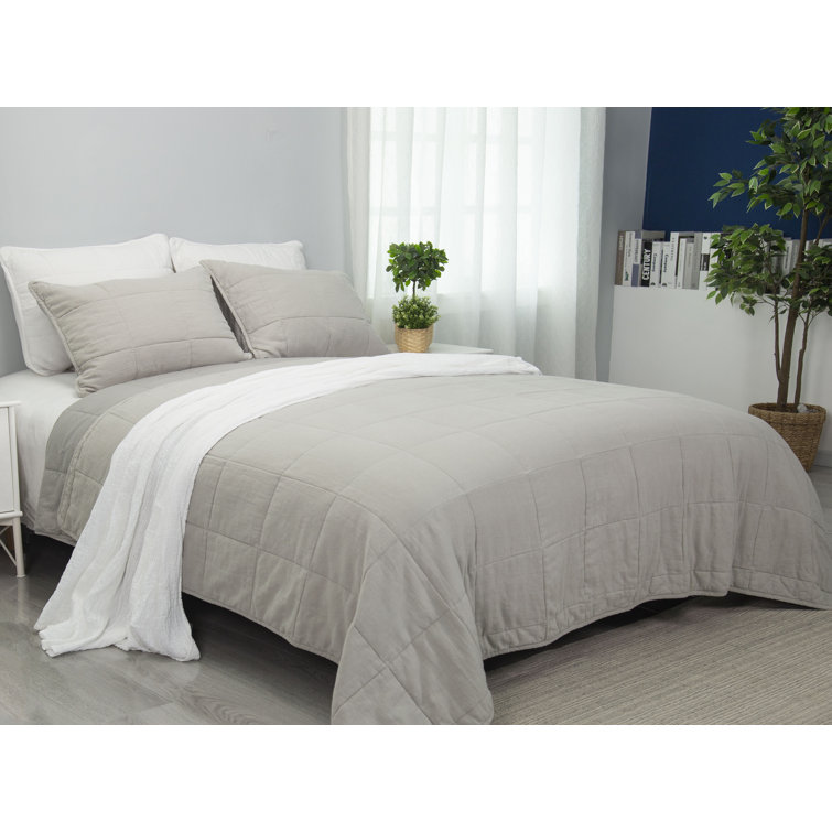 Gray King Cotton Quilt Set with Box Stitch Design
