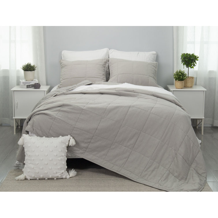 Gray King Cotton Quilt Set with Box Stitch Design