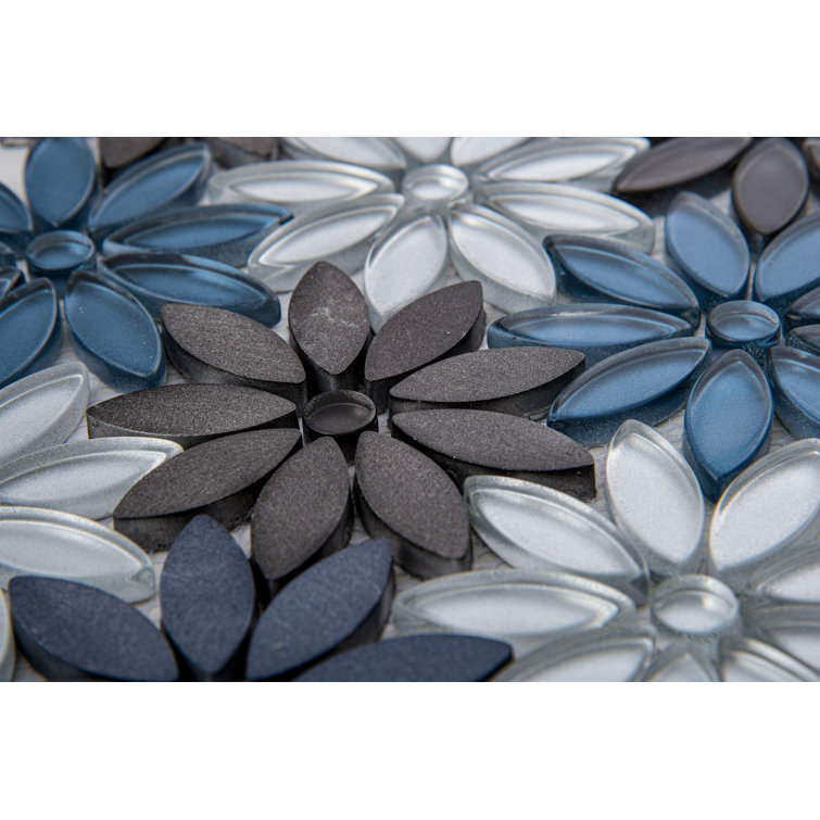 Fresh Blue and Black Flower Mosaic Tile Sheet