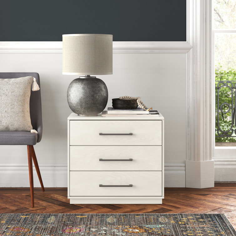 Mallory Whitewash Contemporary 3-Drawer Nightstand with Bronze Pulls