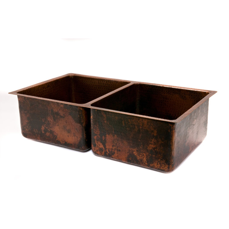 33" Hammered Copper Double Basin Kitchen Sink in Oil Rubbed Bronze