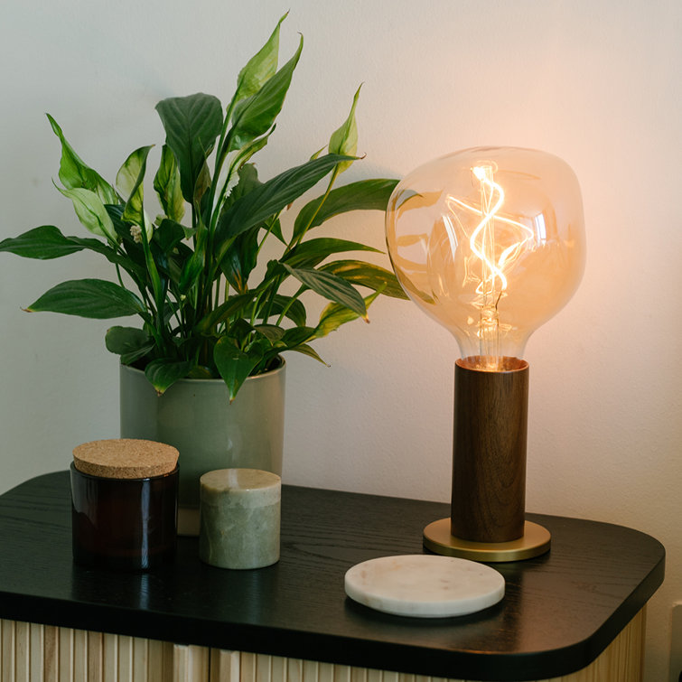 Walnut and Brass Minimalist Table Lamp with LED Bulb