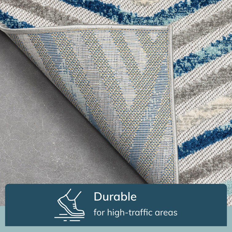 Reversible Grey Blue Geometric Synthetic 5' x 7' Area Rug