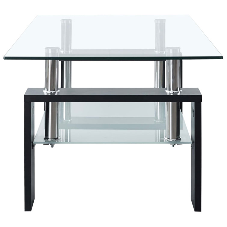 Black Rectangular Glass Coffee Table with Storage Shelf