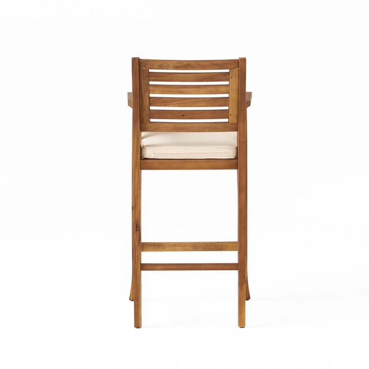 Teak Finish Acacia Wood Outdoor Barstools with Cushions, Set of 2