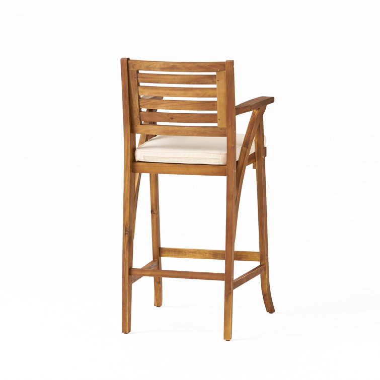 Teak Finish Acacia Wood Outdoor Barstools with Cushions, Set of 2