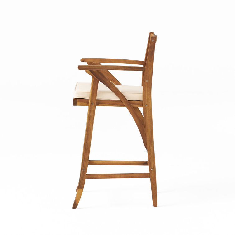 Teak Finish Acacia Wood Outdoor Barstools with Cushions, Set of 2