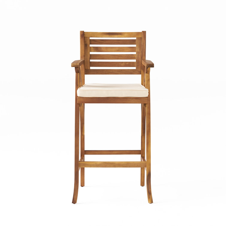 Teak Finish Acacia Wood Outdoor Barstools with Cushions, Set of 2