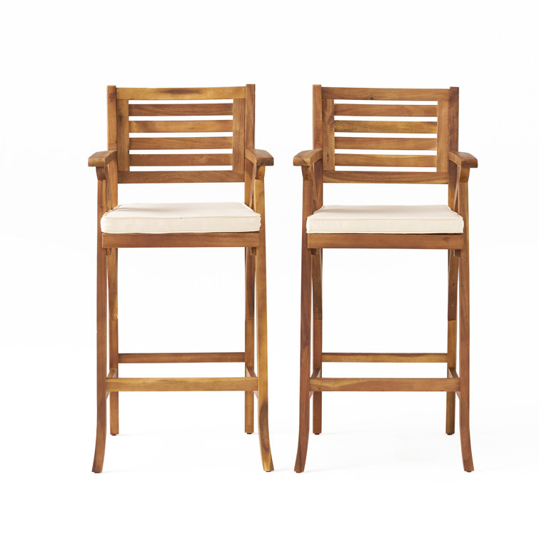 Teak Finish Acacia Wood Outdoor Barstools with Cushions, Set of 2