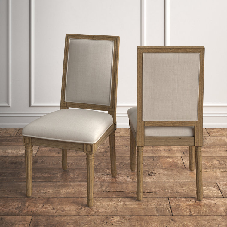 Beige Linen Upholstered Dining Chair with Natural Wood Finish