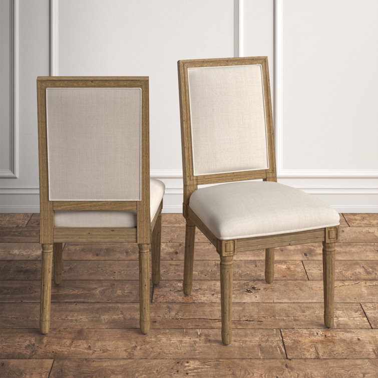 Beige Linen Upholstered Dining Chair with Natural Wood Finish