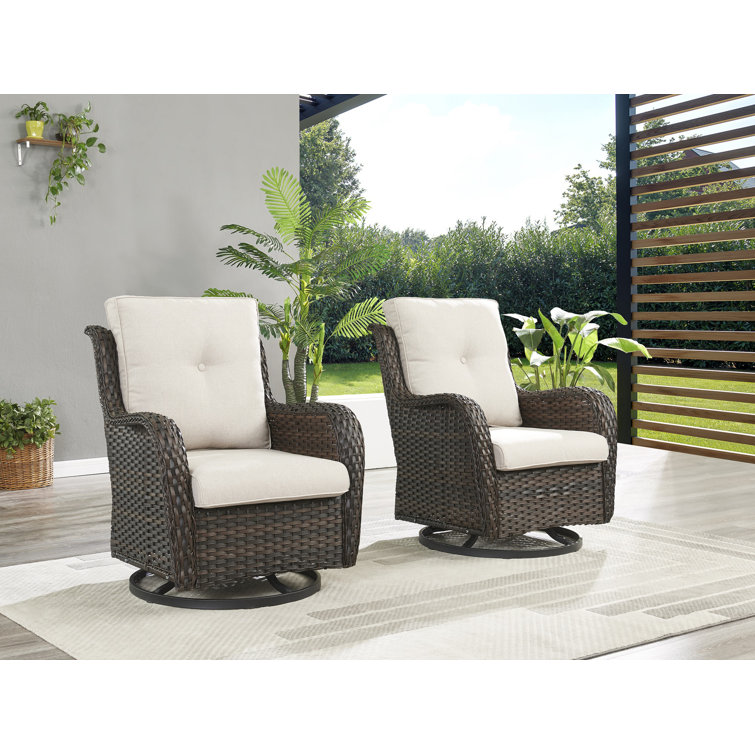 Brown Wicker Swivel Glider Club Chairs with Beige Cushions