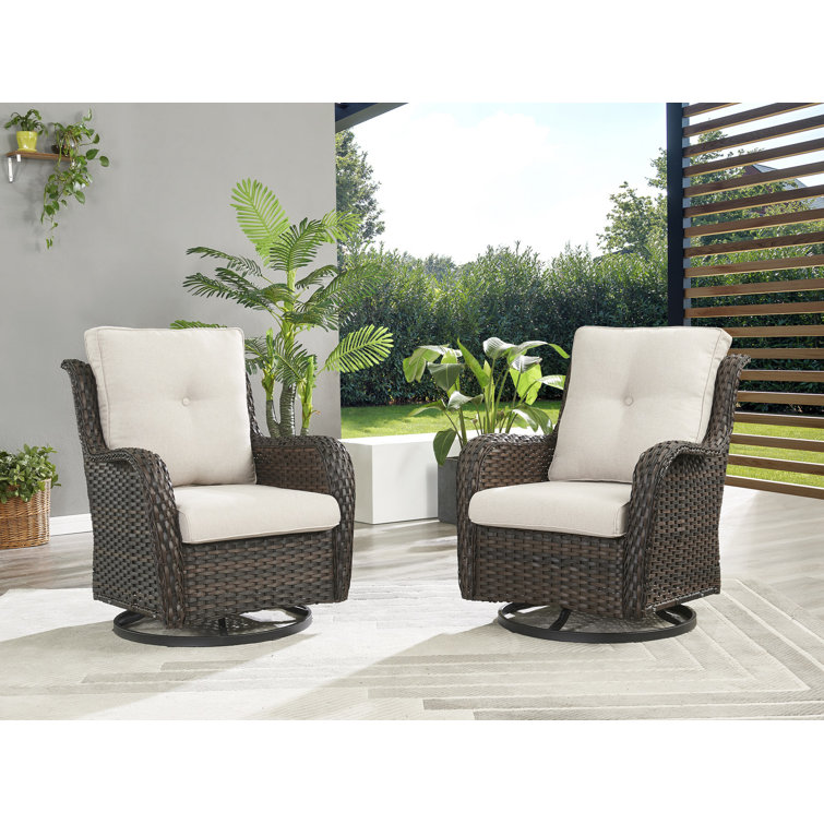 Brown Wicker Swivel Glider Club Chairs with Beige Cushions