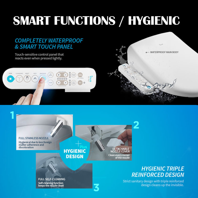 Inus White Elongated Heated Bidet Toilet Seat with Stainless Steel Nozzle