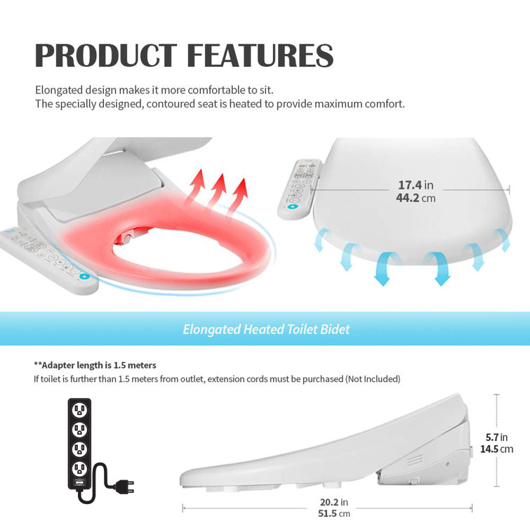 Inus White Elongated Heated Bidet Toilet Seat with Stainless Steel Nozzle