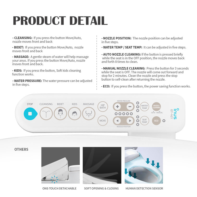 Inus White Elongated Heated Bidet Toilet Seat with Stainless Steel Nozzle
