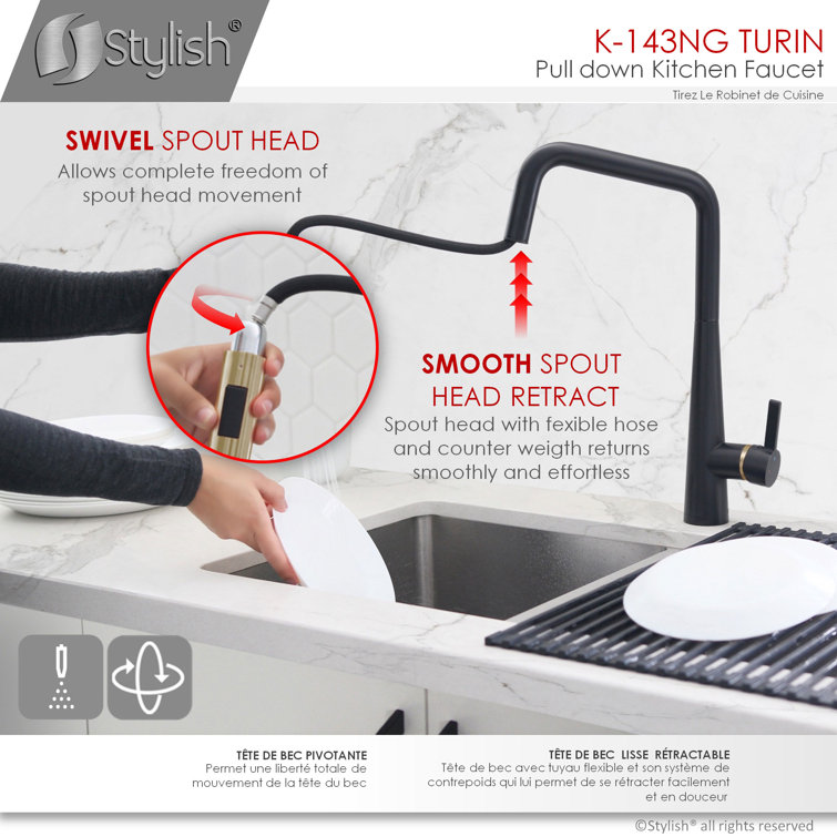Matte Black and Gold Pull Down Kitchen Faucet with Spray