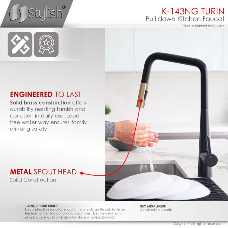 Matte Black and Gold Pull Down Kitchen Faucet with Spray