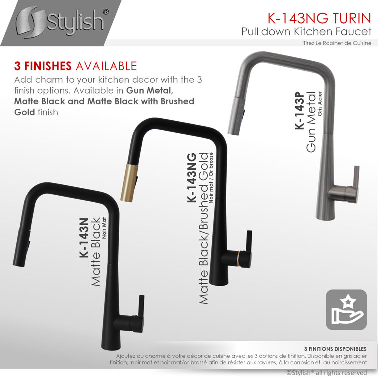 Matte Black and Gold Pull Down Kitchen Faucet with Spray