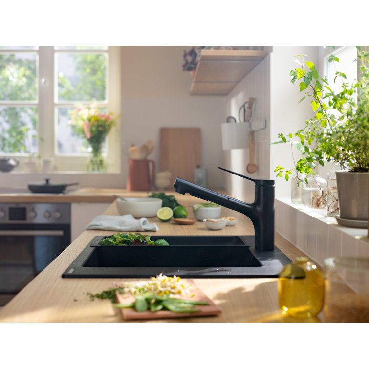 Matte Black Brass Kitchen Faucet with Pull-Out Spray