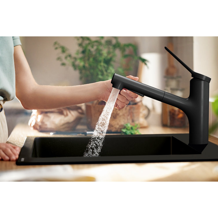 Matte Black Brass Kitchen Faucet with Pull-Out Spray