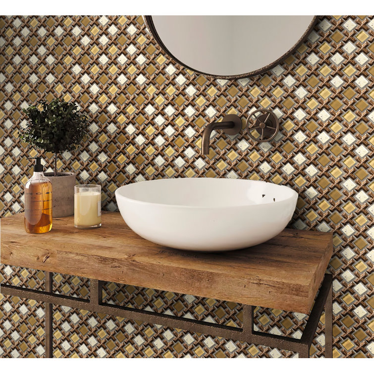 11" x 11" Beige and Brown Glass Resin Stone Mosaic Wall Tile
