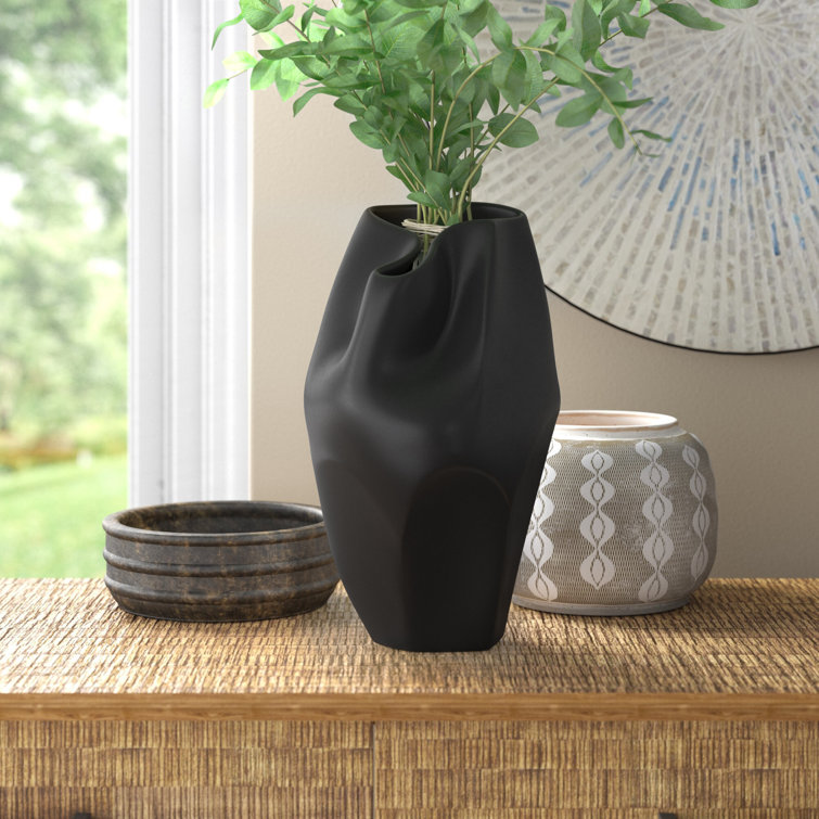 Black Ceramic Abstract Design Table Vase, 10" Height