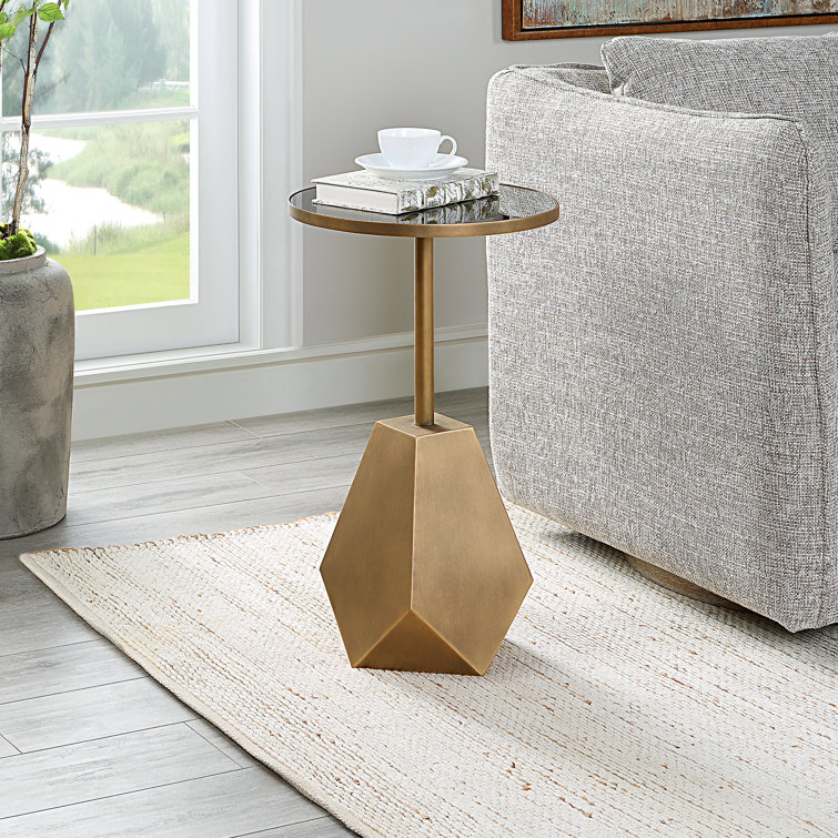 Round Black Glass and Gold Metal Geometric Accent Table