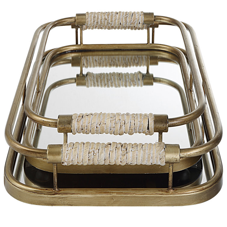 Gold and Rope Rectangular Mirror Vanity Tray Set