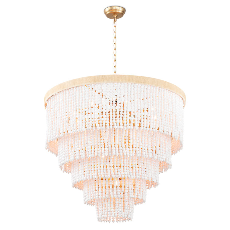 White Beaded 13-Light Waterfall Chandelier with Rattan Frame
