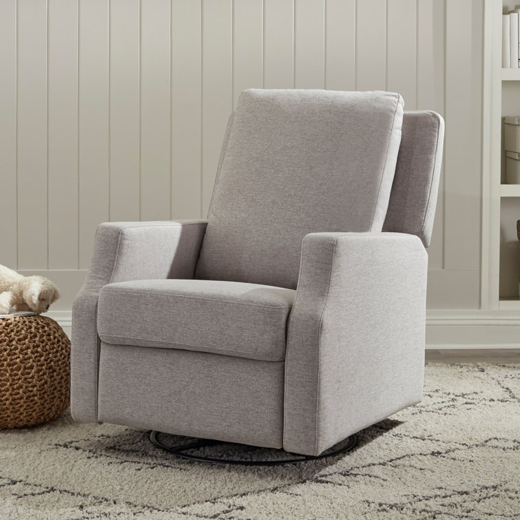 Tan Gingham Velvet Swivel Recliner with Light Wood Base