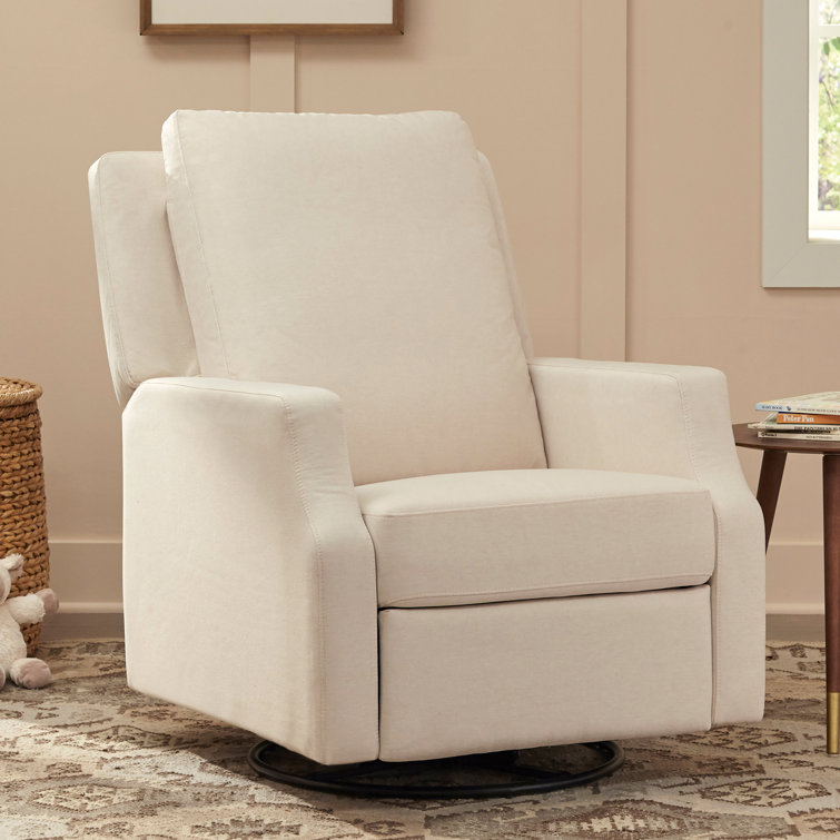 Tan Gingham Velvet Swivel Recliner with Light Wood Base