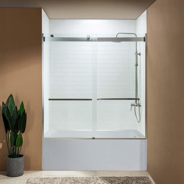 60" Brushed Nickel Frameless Sliding Shower Door with Clear Glass