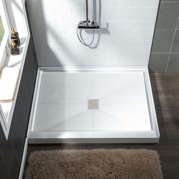 36" White Rectangular Shower Pan Base with Brushed Nickel Drain