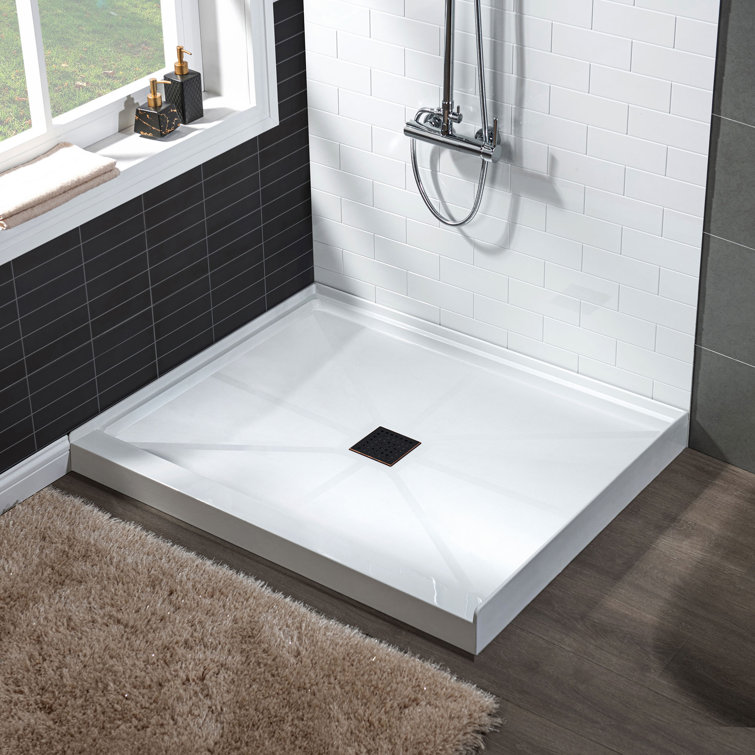 36" White Solid Surface Square Shower Pan Base with Oil-Rubbed Bronze Drain Cover