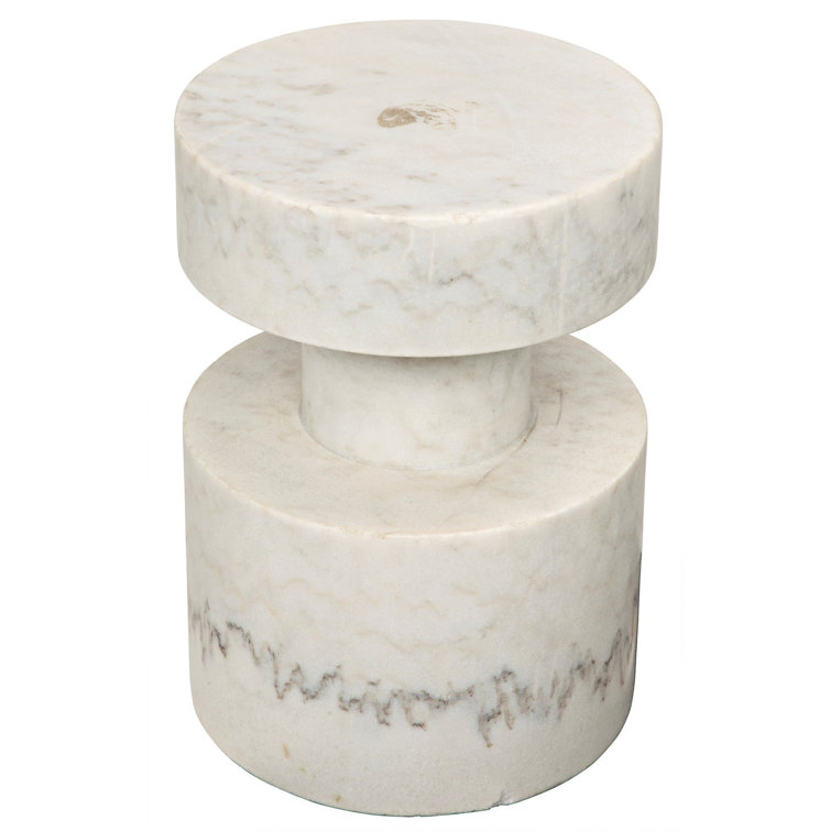 Cylindrical White Stone and Wood Modern Accent Table