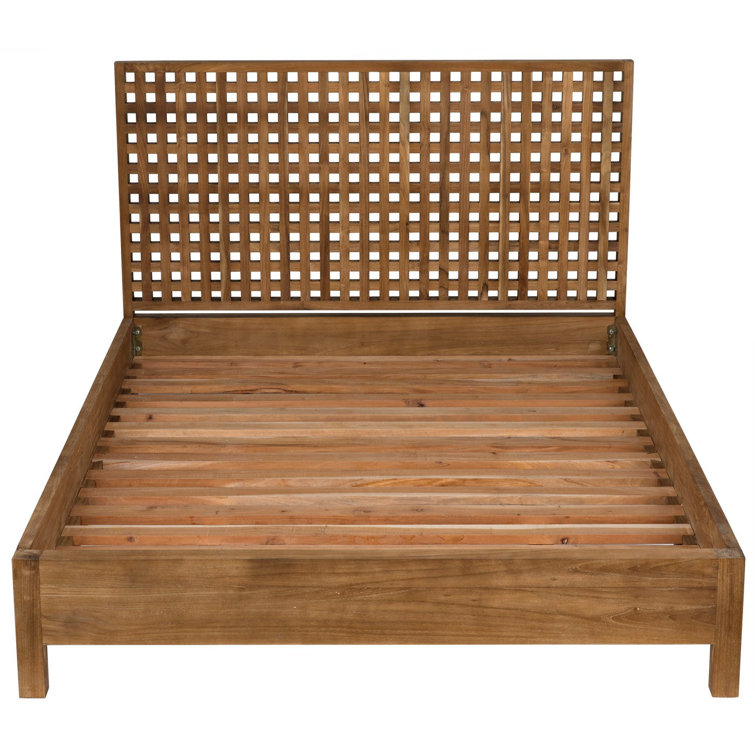 Quinnton Teak Wood Queen Platform Bed with Grid Headboard